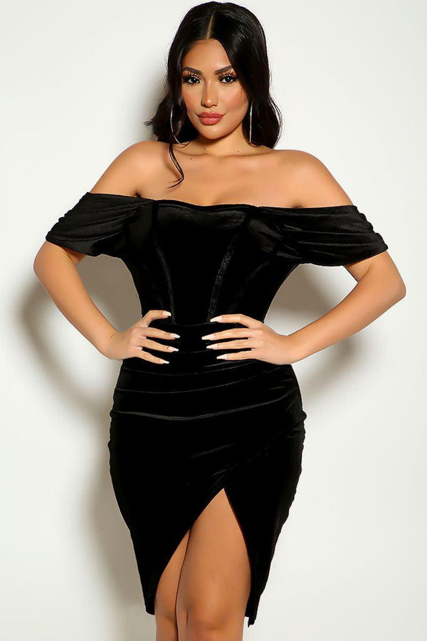 Black Off The Shoulder Draped Corset Piping Velvet Sexy Party Dress