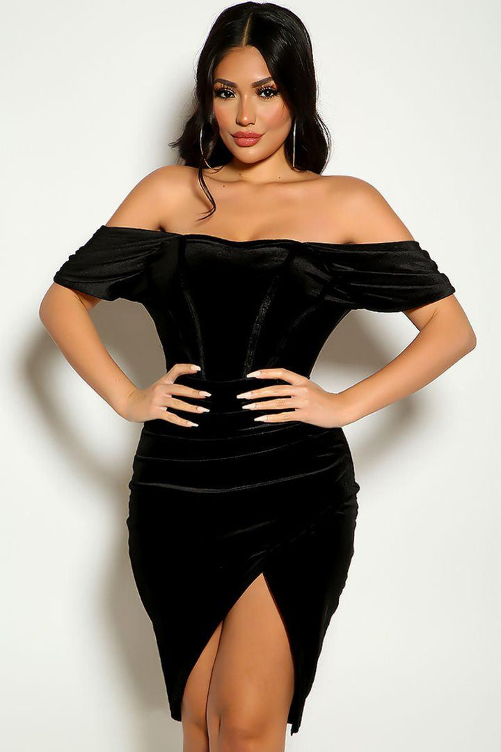Black Off The Shoulder Draped Corset Piping Velvet Sexy Party Dress
