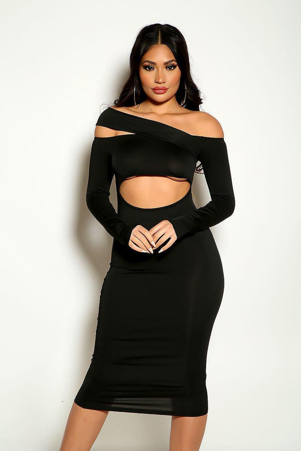 Black Off The Shoulder Long Sleeve Cut Out Knee Length Party Dress