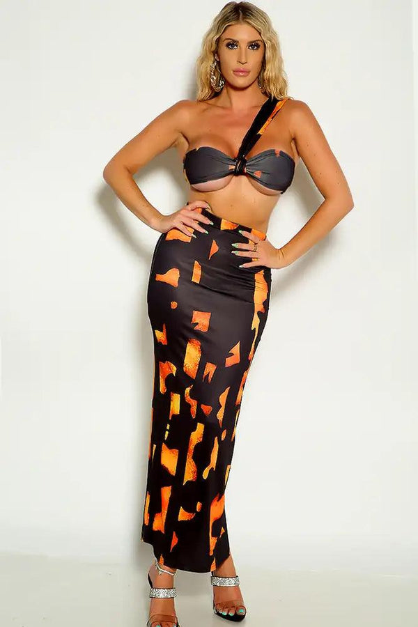 Black Orange One Shoulder Maxi Two Piece Dress