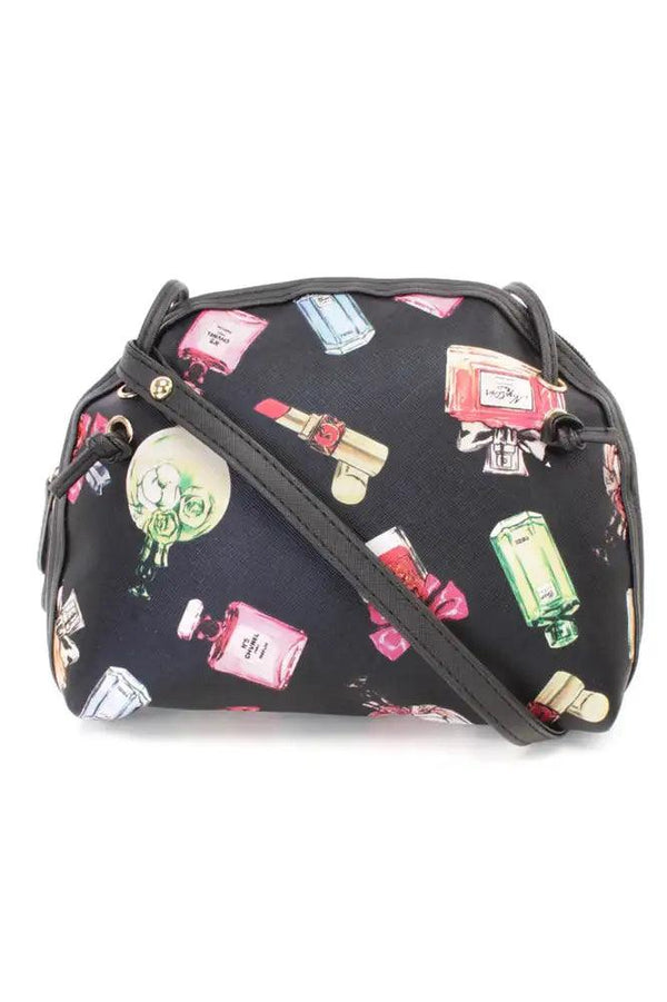 Black Perfume Print Mini Faux Leather Handbag