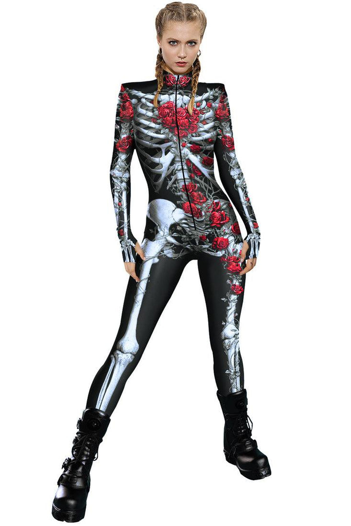 Black Red Rose Skeleton Zipper Jumpsuit