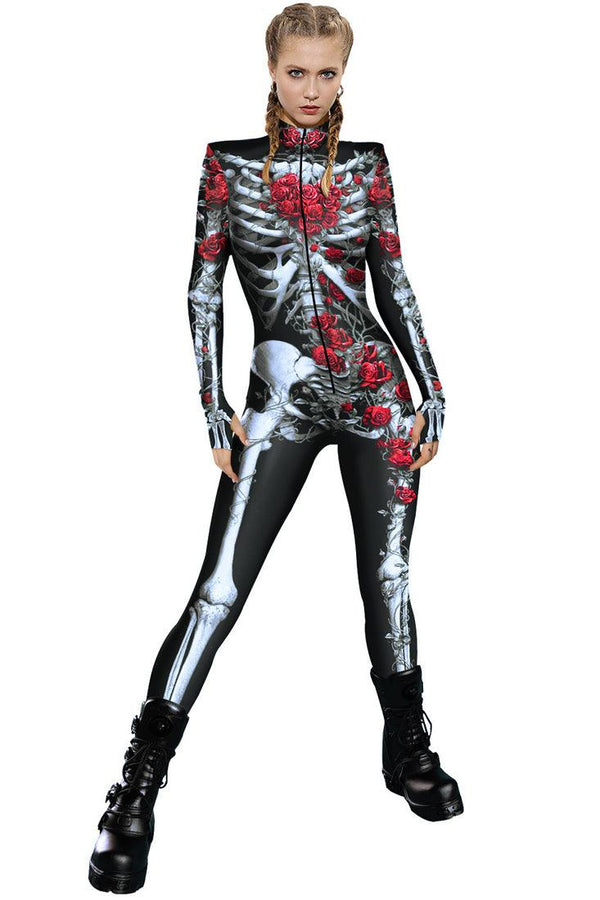 Black Red Rose Skeleton Zipper Jumpsuit