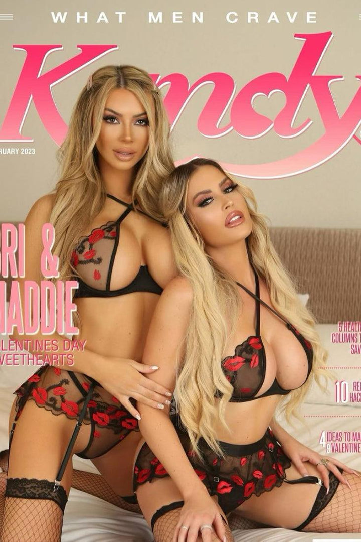 Black Red Sexy Lips Criss-Cross Mesh Lingerie 3 Pc Set