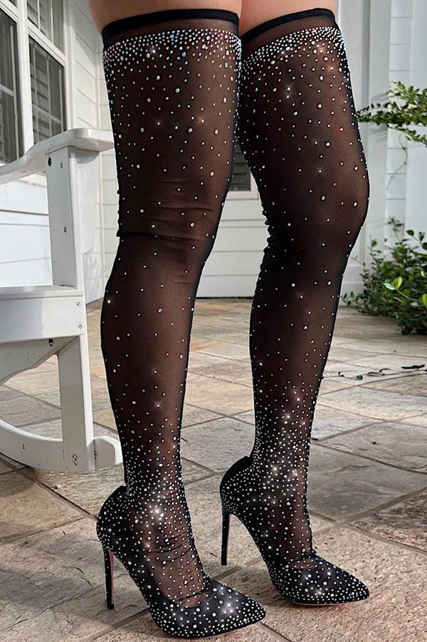 Black Rhinestone High Heels Stretchy Thigh Over The Knee Boots