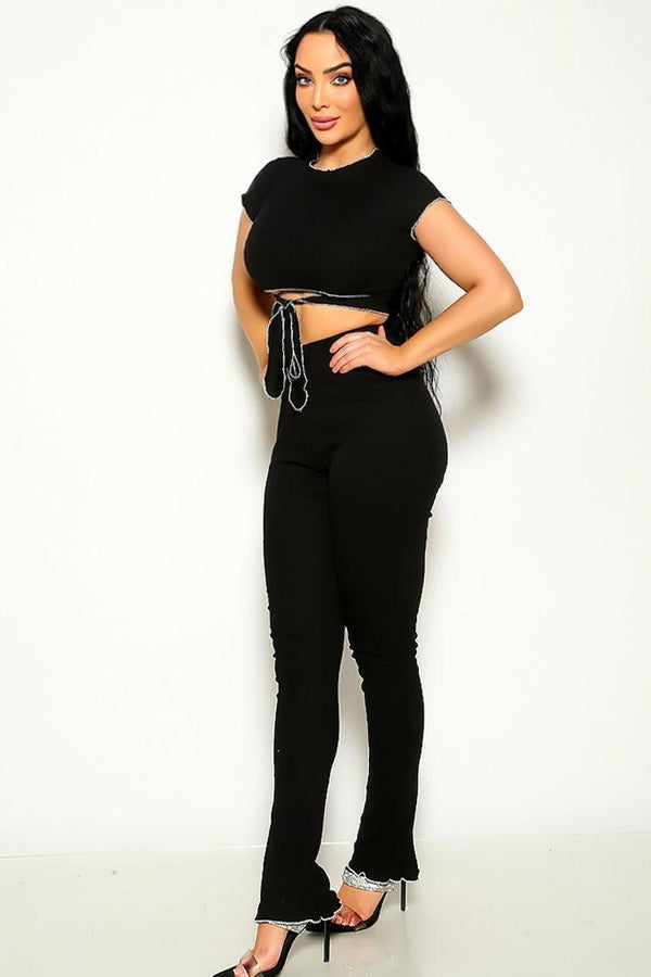 Black Ribbed Lettuce Trim Wrap Around Sexy 2 Pc Set