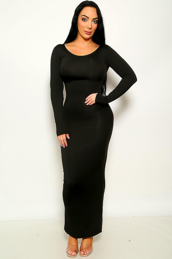 Black Round Neck Long Sleeve Maxi Dress