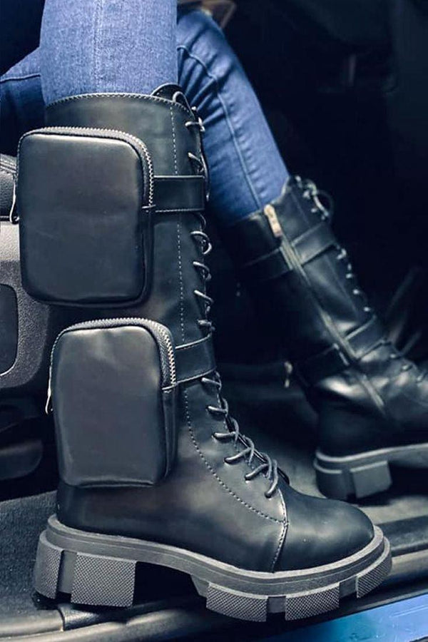 Black Round Toe Side Pockets Lace Up Boots