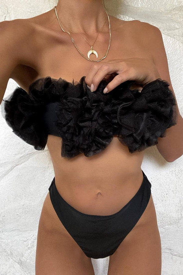 Black Ruffle Mesh Bandeau & High Waisted Bottom 2 Pc Swimsuit