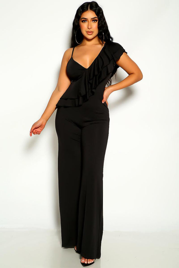 Black Ruffled Flared V-Cut Jumpsuit