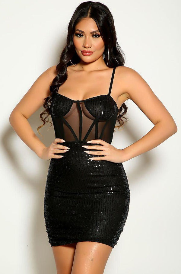 Black Sequins Mesh Corset Piping Sexy Party Dress