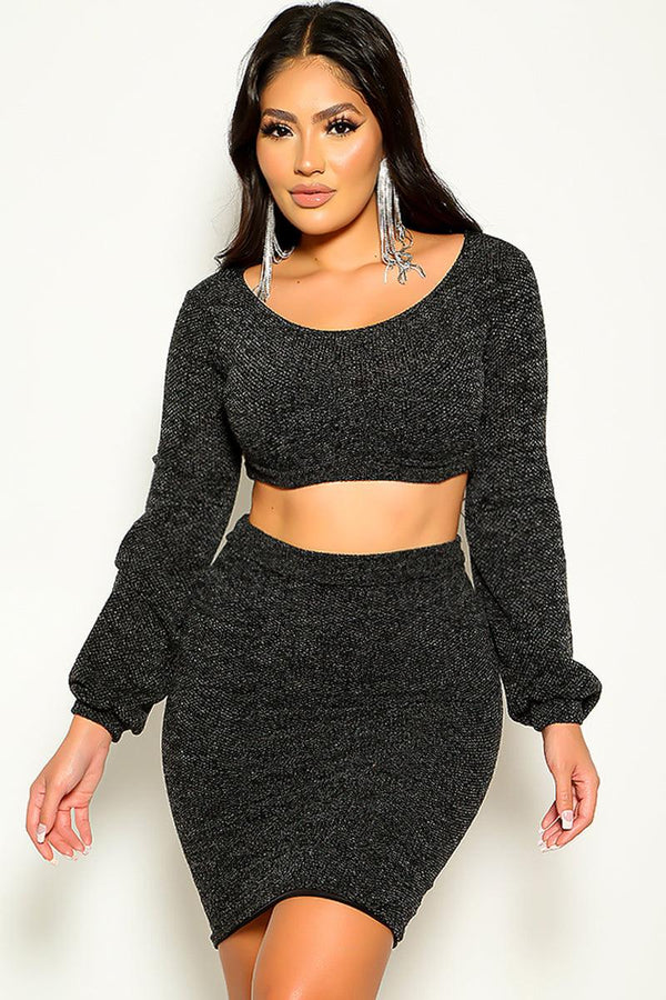 Black Sexy 2 Pc Knitted Sweater Crop Top & Skirt Dress