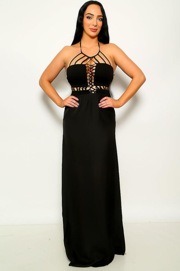 Black Sexy Cut Out Halter Maxi Party Dress