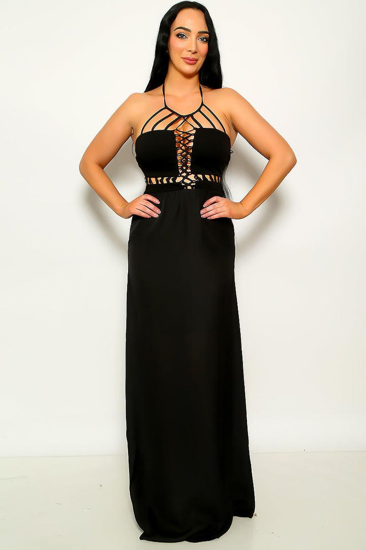 Black Sexy Cut Out Halter Maxi Party Dress