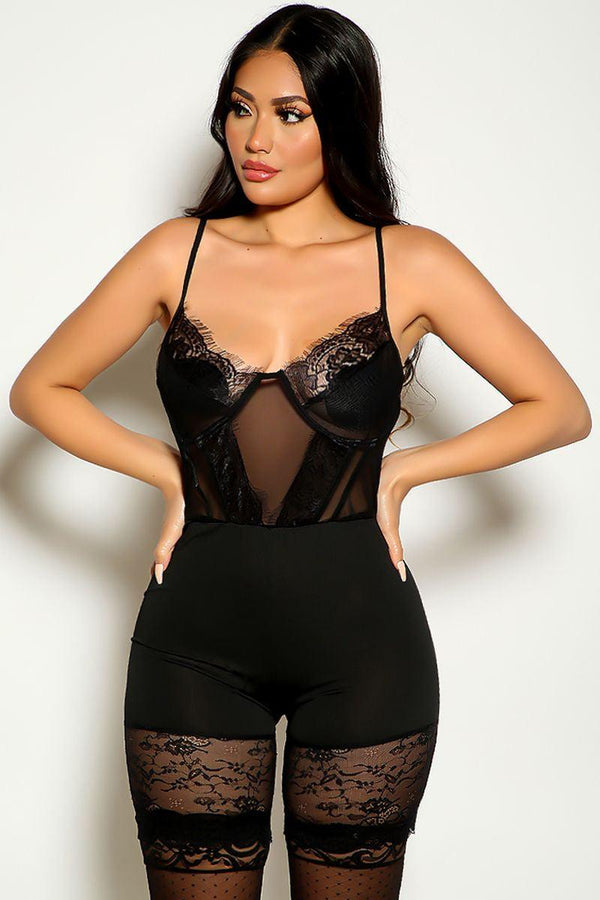 Black Sleeveless Lace Trim Romper Lingerie