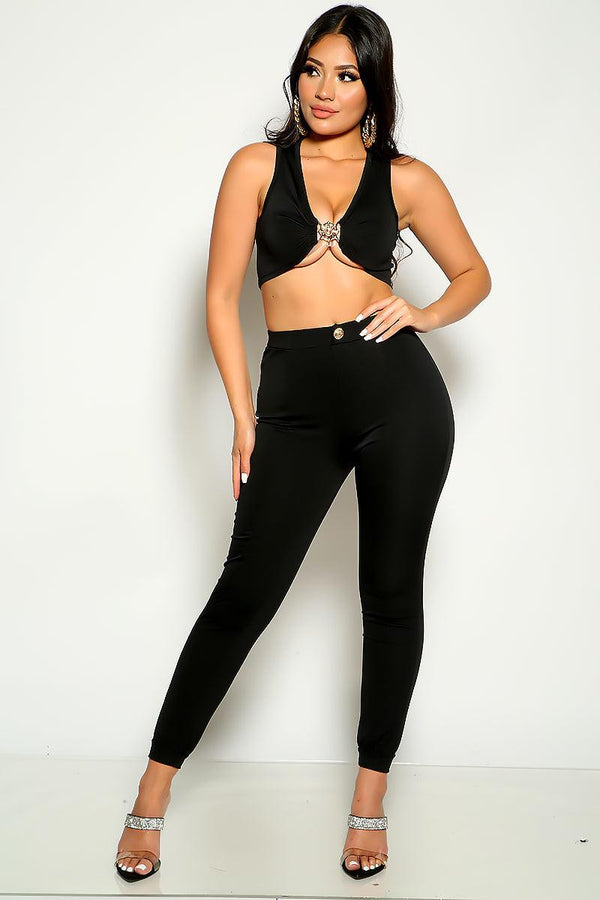 Black Sleeveless Metal Detail Two Piece Outfit