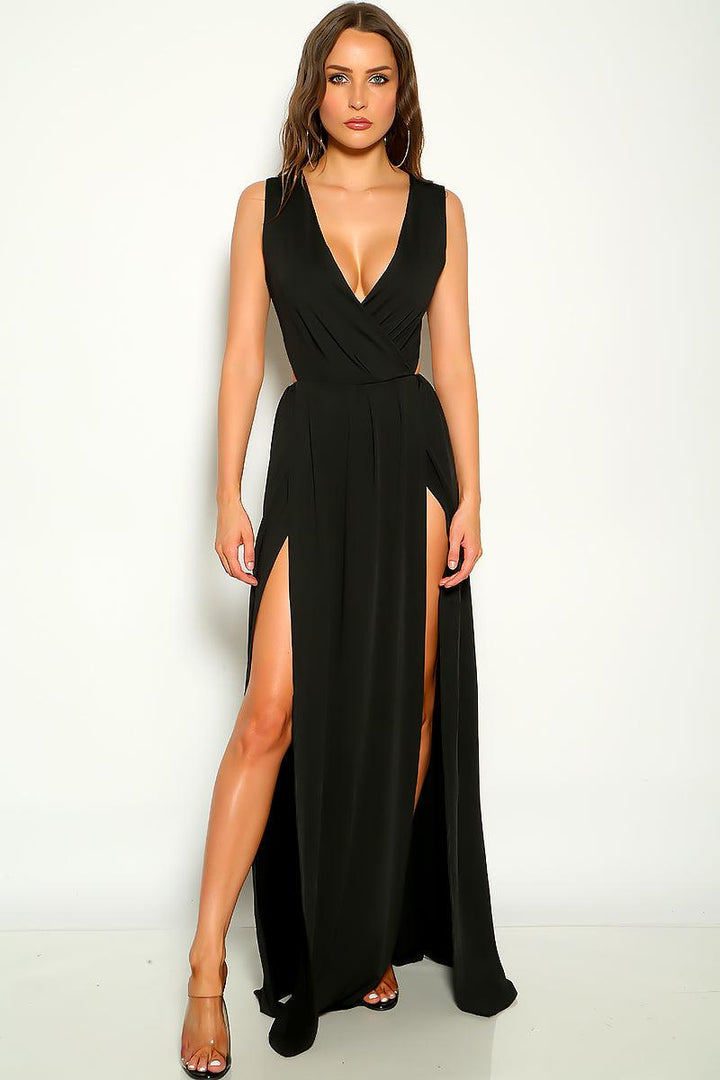 Black Sleeveless V-Cut High Slits Maxi Dress