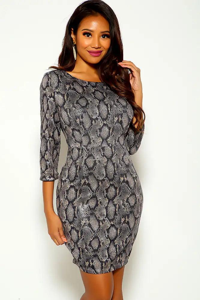 Black Snake Print Sequins Quarter Sleeve Party Dress