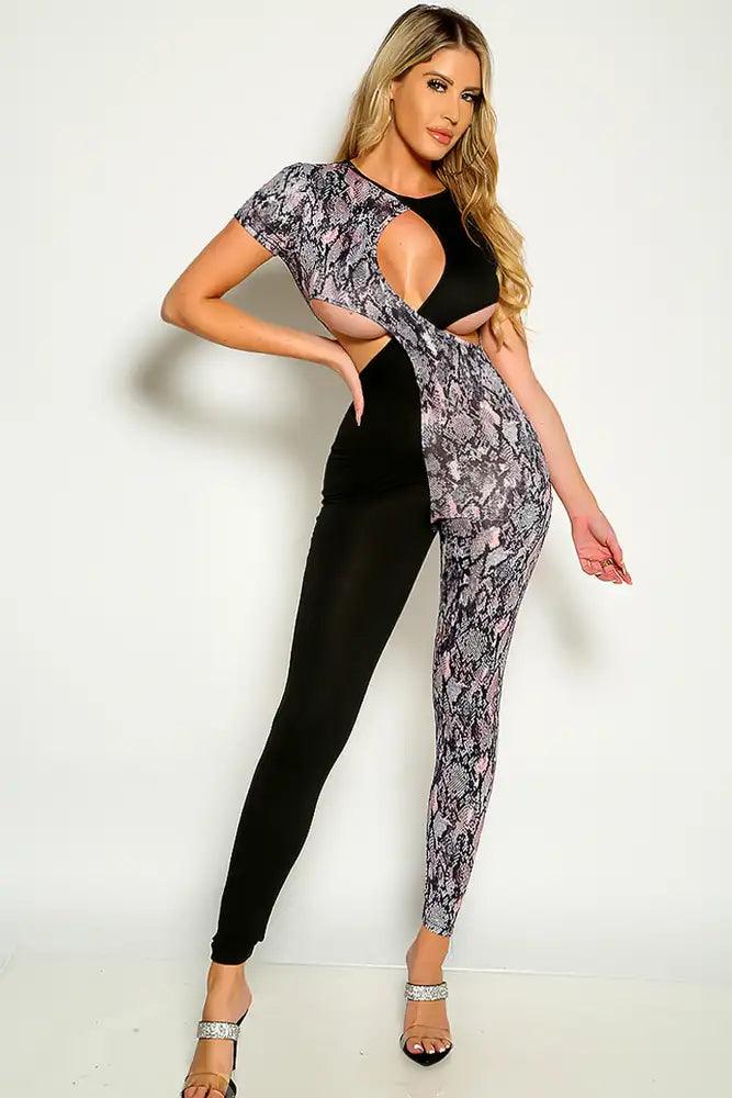 Black Snake Short Sleeve Cross Cut Out Detail Fitted Jumpsuit