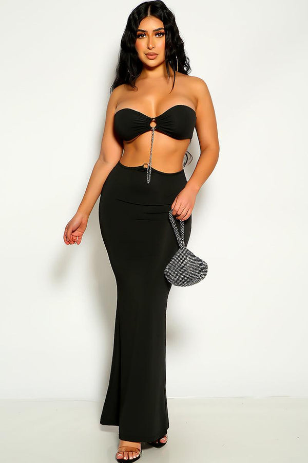 Black Strapless Chain Accent Maxi Party Sexy Dress