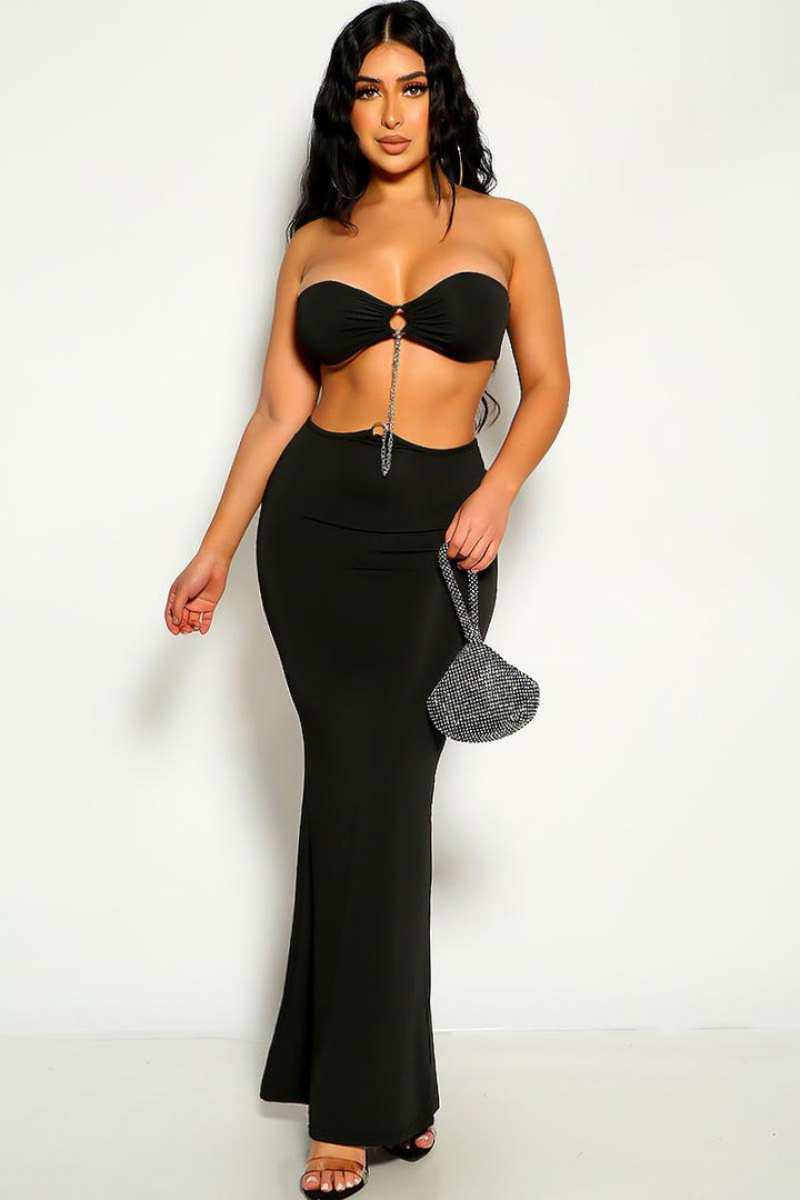 Black Strapless Chain Accent Maxi Party Sexy Dress