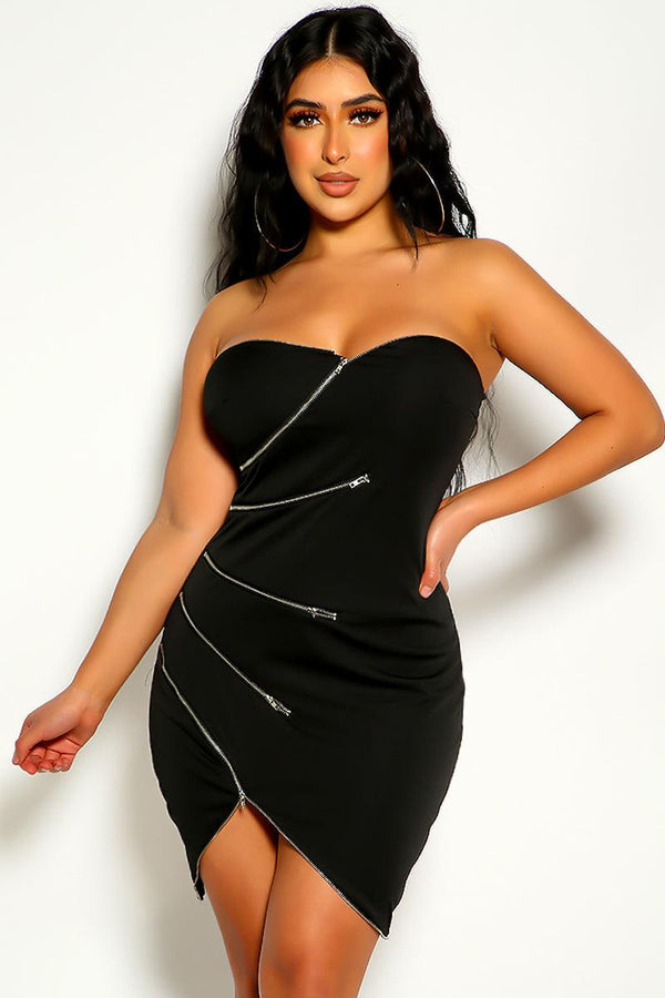 Black Strapless Zipper Detail Party Dress
