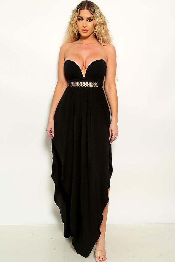 Black Sweetheart V-Wire Double Slit Strapless Maxi Dress