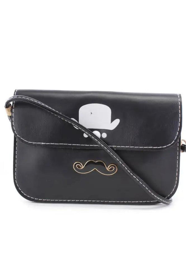 Black Top Hat Mustache Pendant Faux Leather Clutch