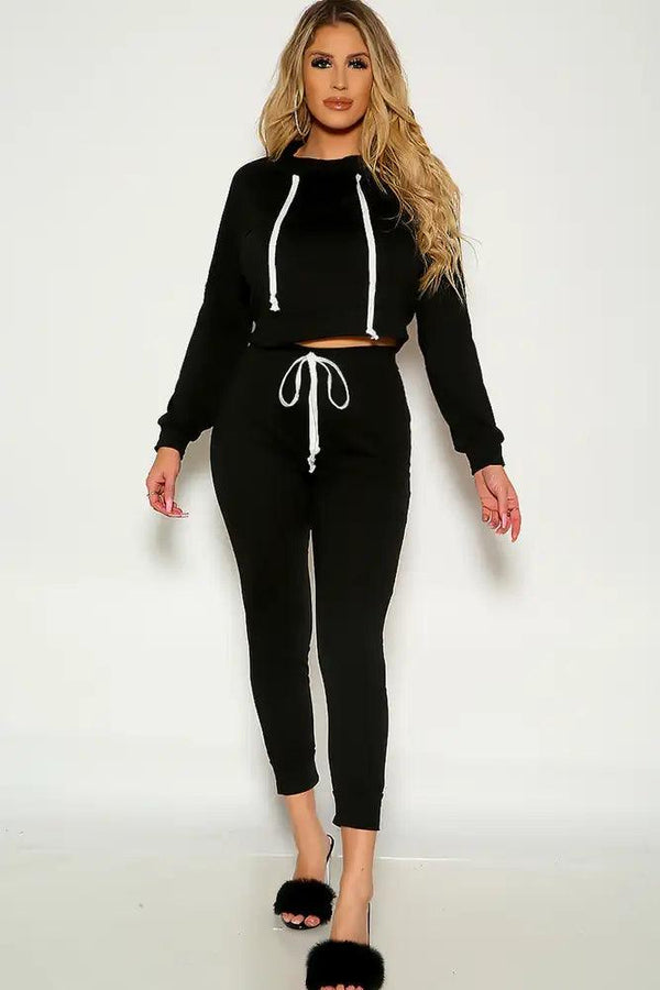 Black Two Tone Long Sleeve Cropped Lounge Wear Two Piece Outfit