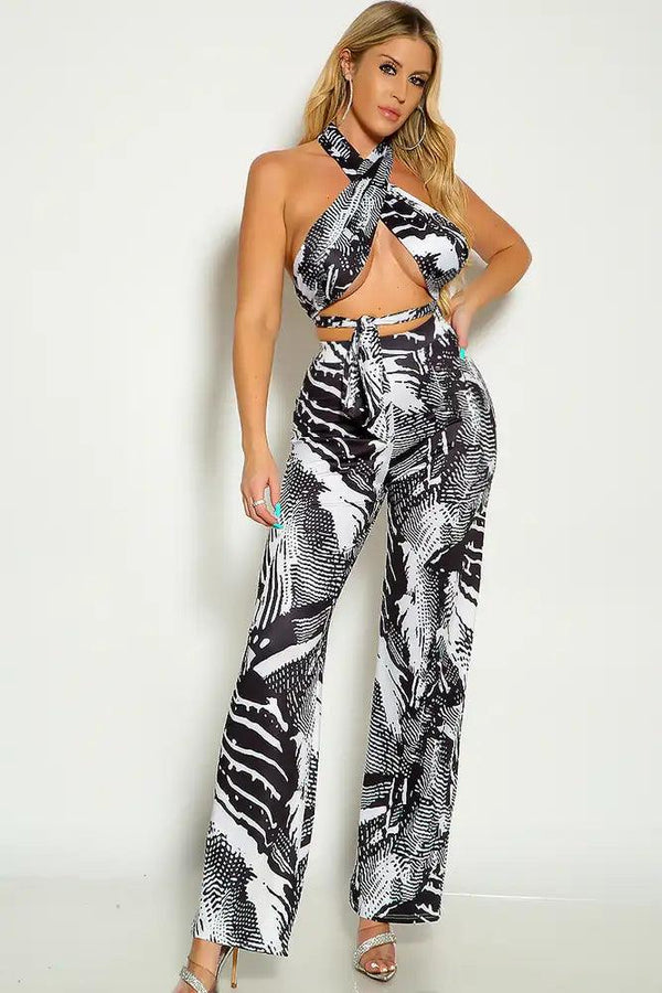 Black White Cross Halter Wrap Around Flared Two Piece Dress