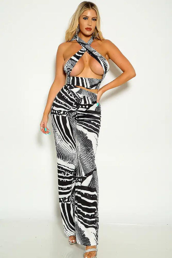 Black White Halter Cross Strap Flared Leg Two Piece Outfit