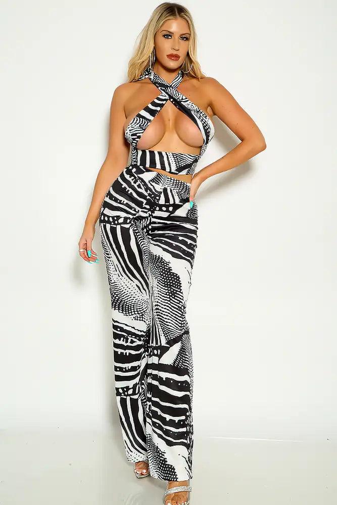 Black White Halter Cross Strap Flared Leg Two Piece Outfit