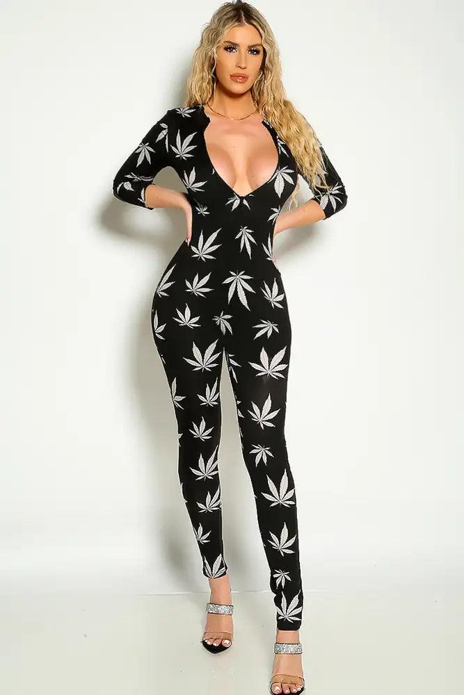 Black White Herbal Leaf Long Sleeve Front Zipper Jumpsuit