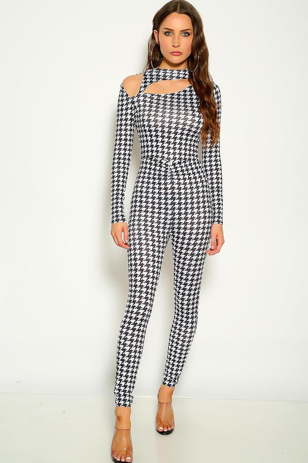 Black White Long Sleeve Cut Out Jumpsuit