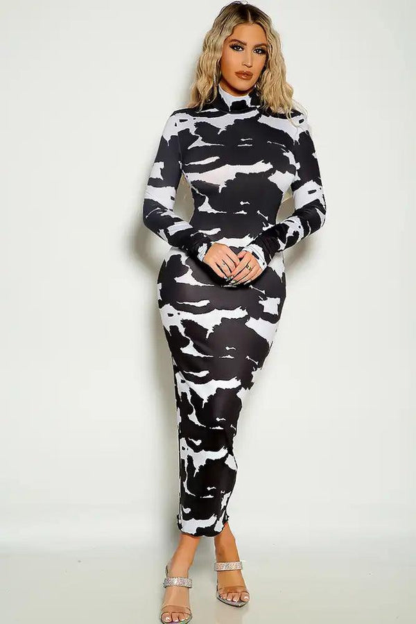 Black white Long Sleeve Mock Neck Fitted Midi Dress