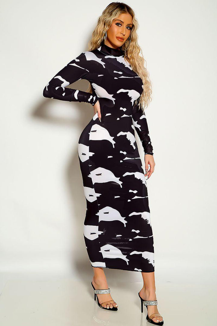 Black White Long Sleeve Two Tone Mock Neck Midi Dress