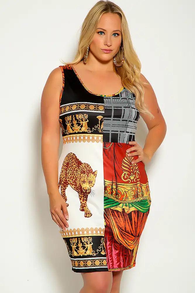 Black White Orange Sleeveless Graphic Print Plus Size DRess