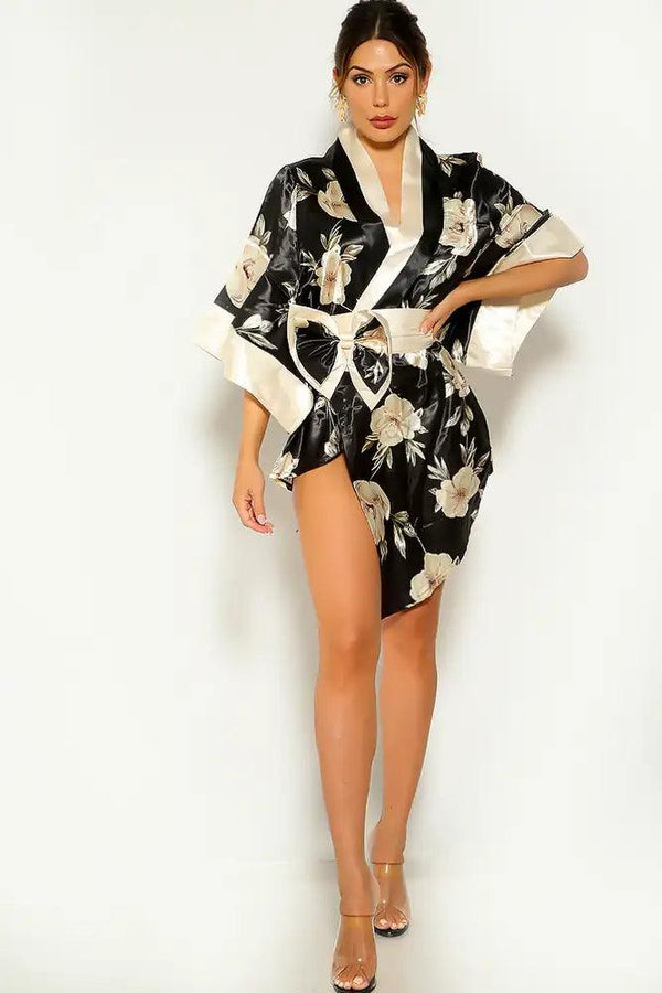 Black White Sexy Floral Print Traditional Japanese Kimono 3pc Sexy Costume