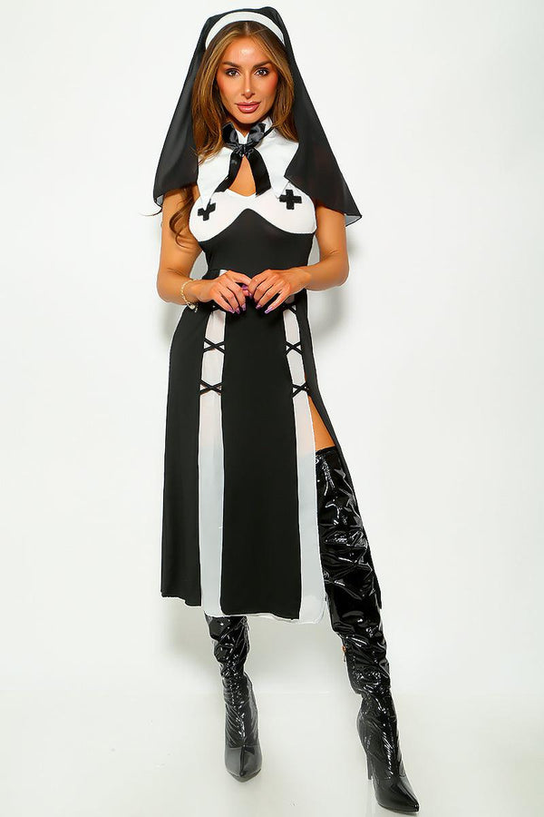 Black White Sexy Nun High Slit 5 Pc Costume