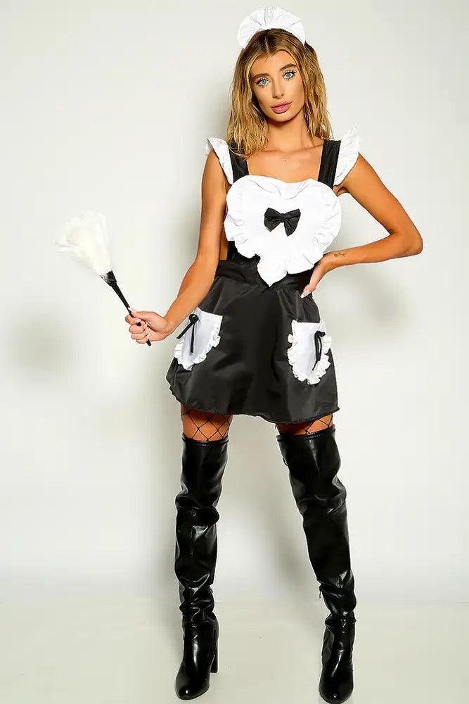 Black White Sleeveless Apron Style Maid Two Piece Costume
