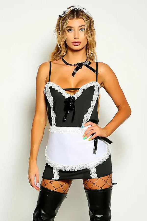 Black White Sleeveless Lace Trim Maid 4 Piece Costume