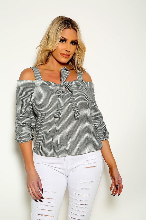 Black White Striped Mid Sleeve Cold Shoulder Top