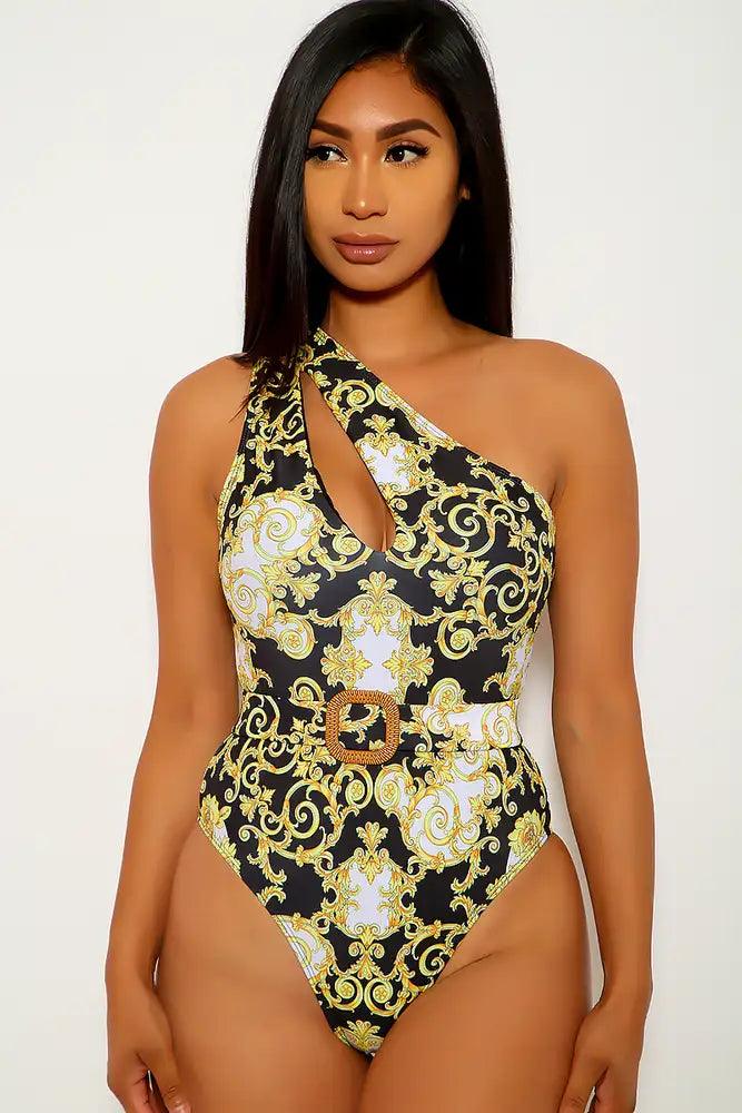 Black Yellow Printed One Piece Swimsuit
