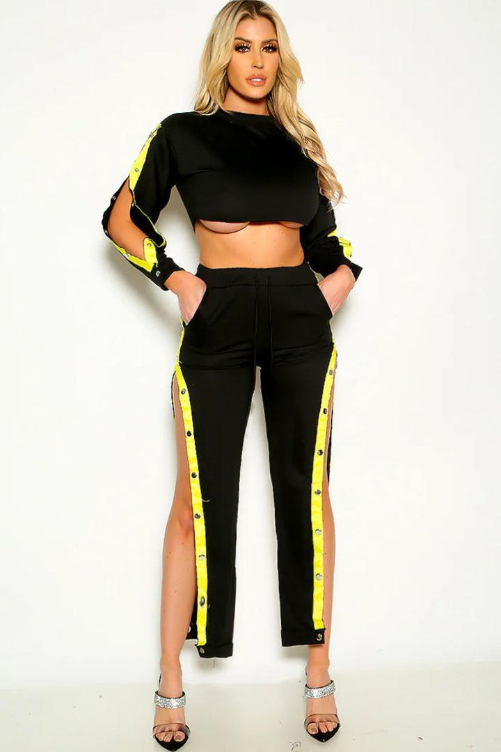 Black Yellow Vertical Striped Side Button Sporty Outfit