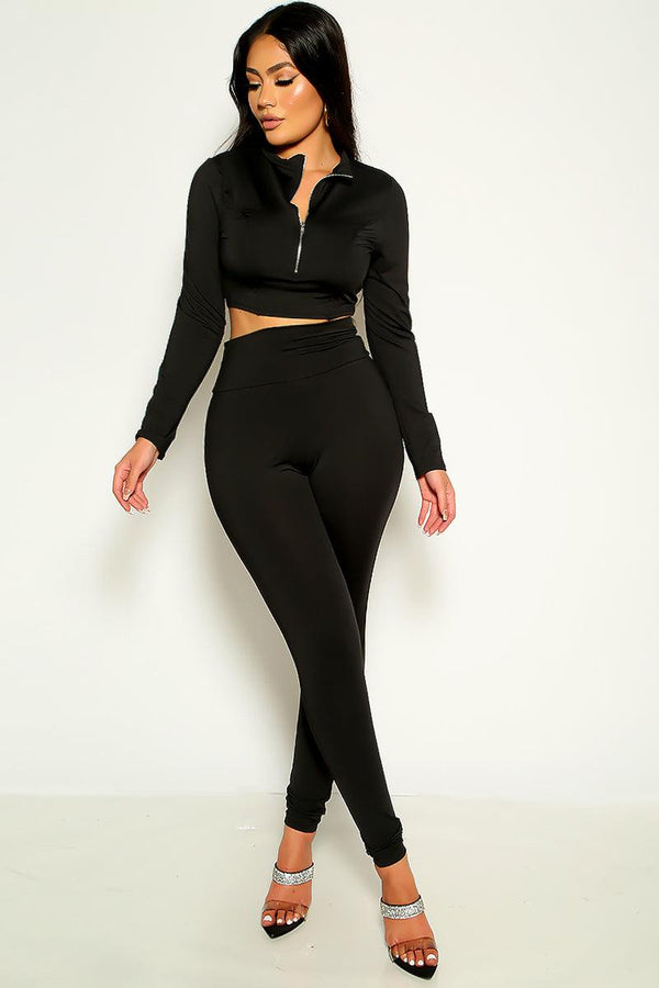 Black Zip Up Long Sleeve Crop Top & Leggings 2 Pc Set
