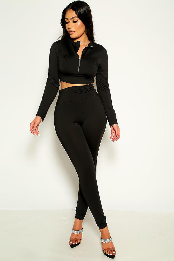 Black Zip Up Long Sleeve Crop Top & Leggings 2 Pc Set