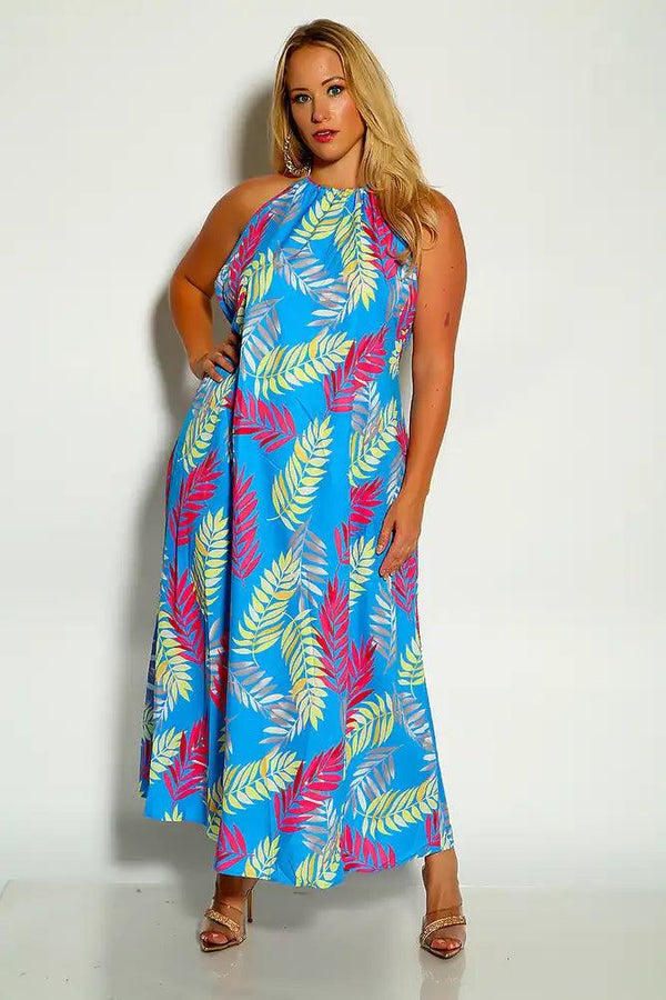 Blue Fuchsia Halter Leaf Print Plus Size Maxi Dress
