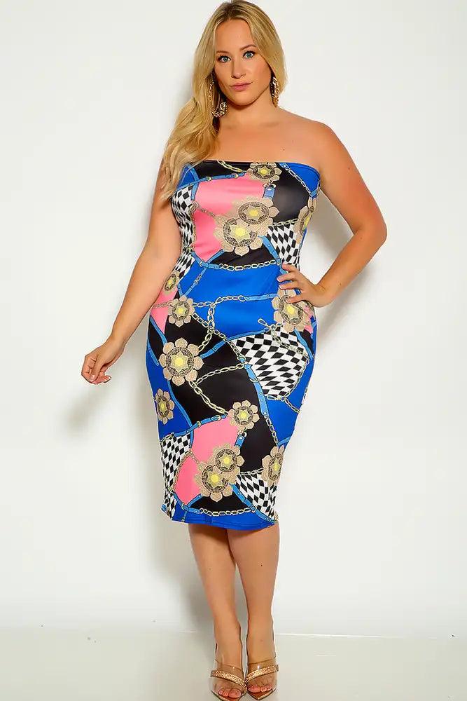 Blue Gold Strapless Graphic Print Fitted Plus Size Party Dress