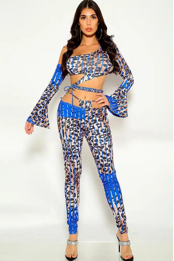 Blue Leopard Bell Sleeve Cut Out Two Piece Outfit
