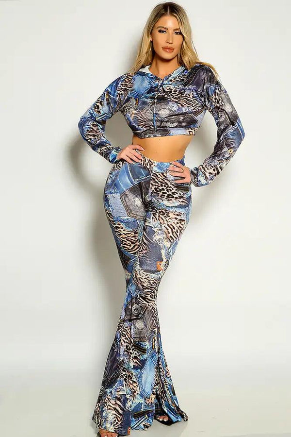 Blue Leopard Long Sleeve Cropped Flared Two Piece Outfit